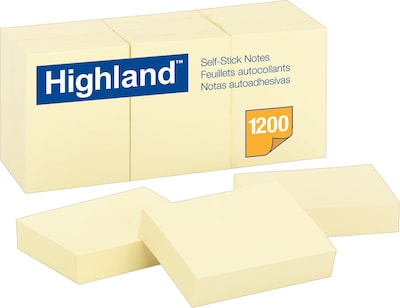 Highland Self-Stick Notes, 1.38 x 1.88, Yellow, 100 Sheets/Pad, 12 Pads/Pack (MMM6539YW)