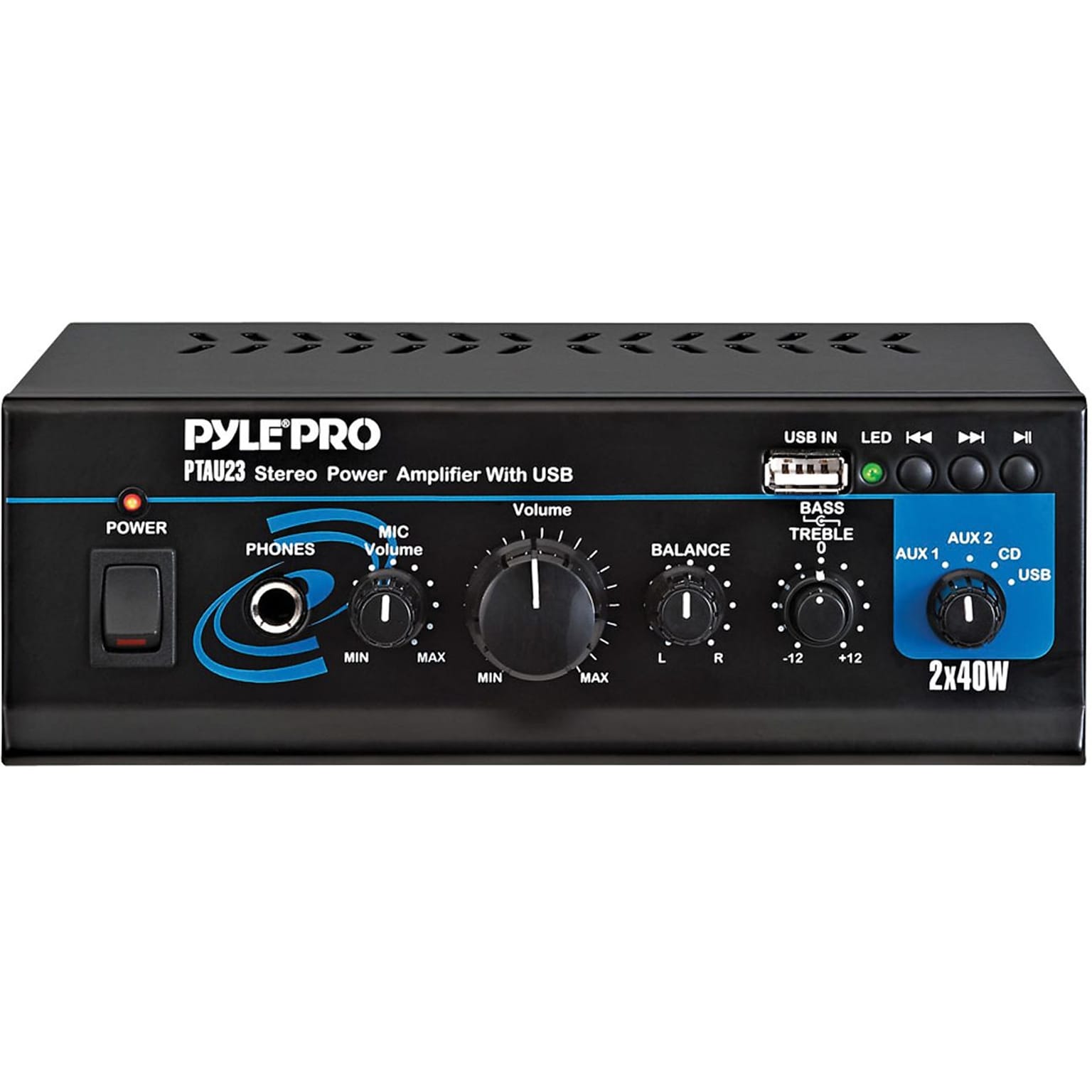 Pyle® PTAU23 Mini Stereo Power Amplifier With USB, AUX, CD and Mic Inputs, 80 W (93575769M)