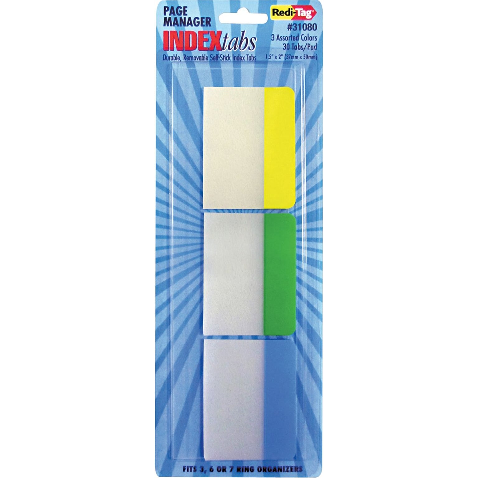 Write-On Self-Stick Index Tabs/Flags, 1 1/2 x 2, Blue, Green, Yellow, 30/Pack