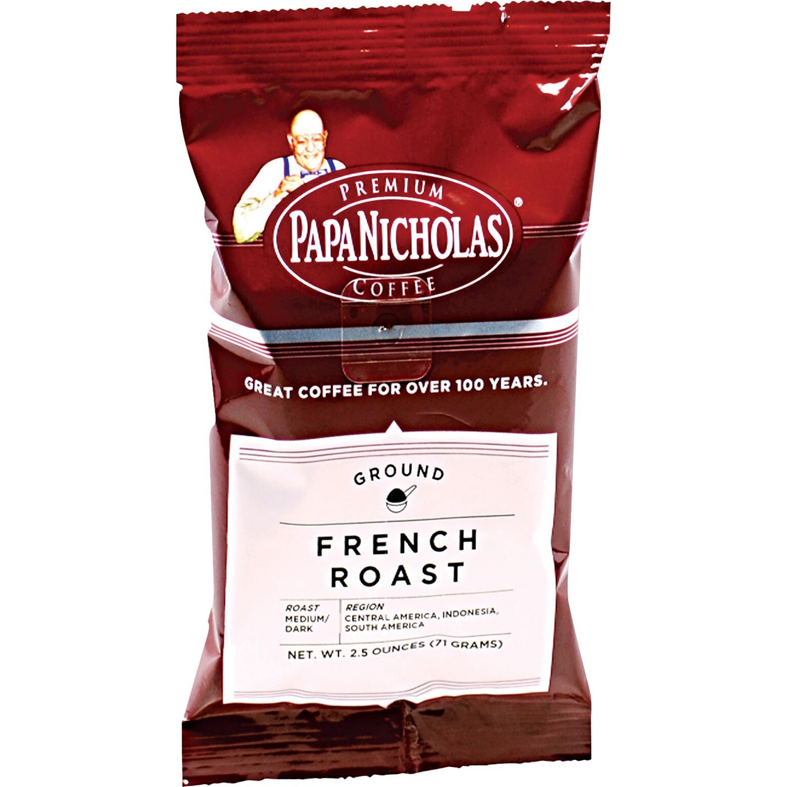 Papa Nicholas French Roast Ground Coffee, Medium/Dark Roast, 2.5 oz. Packets, 18/Carton (PCO25183)