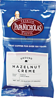 Papa Nicholas Premium Hazelnut Creme Ground Coffee, Light/Mild Roast, 2.5 oz. Packets, 18/Carton (CO