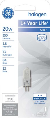 20 Watt GE T-3 JC Halogen Light Bulb, Clear