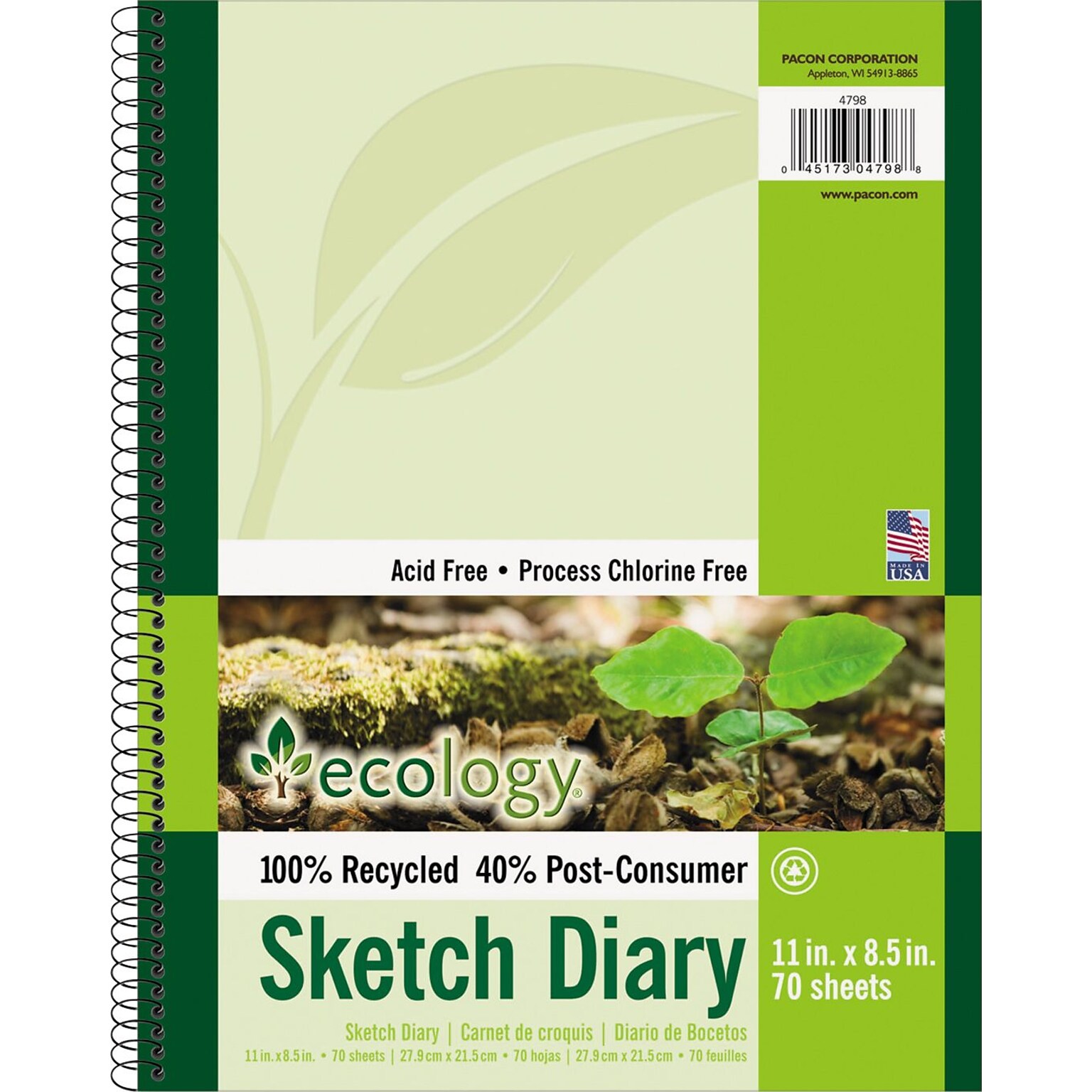 Pacon Ecology 8.5 x 11 Spiral Bound Sketch Pad, 70 Sheets/Pad (PAC4798)