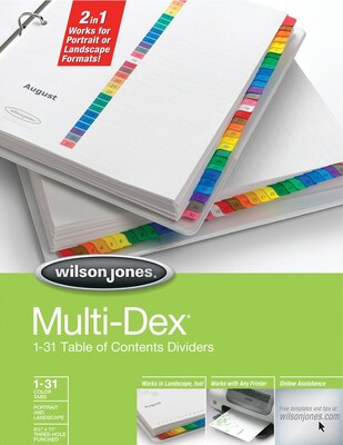 Index Divider, 1-31 Tab, 8-1/2x11, Poly Cover Sheet, Multi-Colored, Single Set