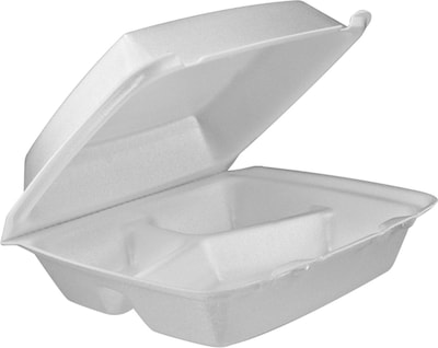 Dart® Square 3-Comp Foam Hinged Carryout Container 8.5”, White, 200/Carton (85HT3R)