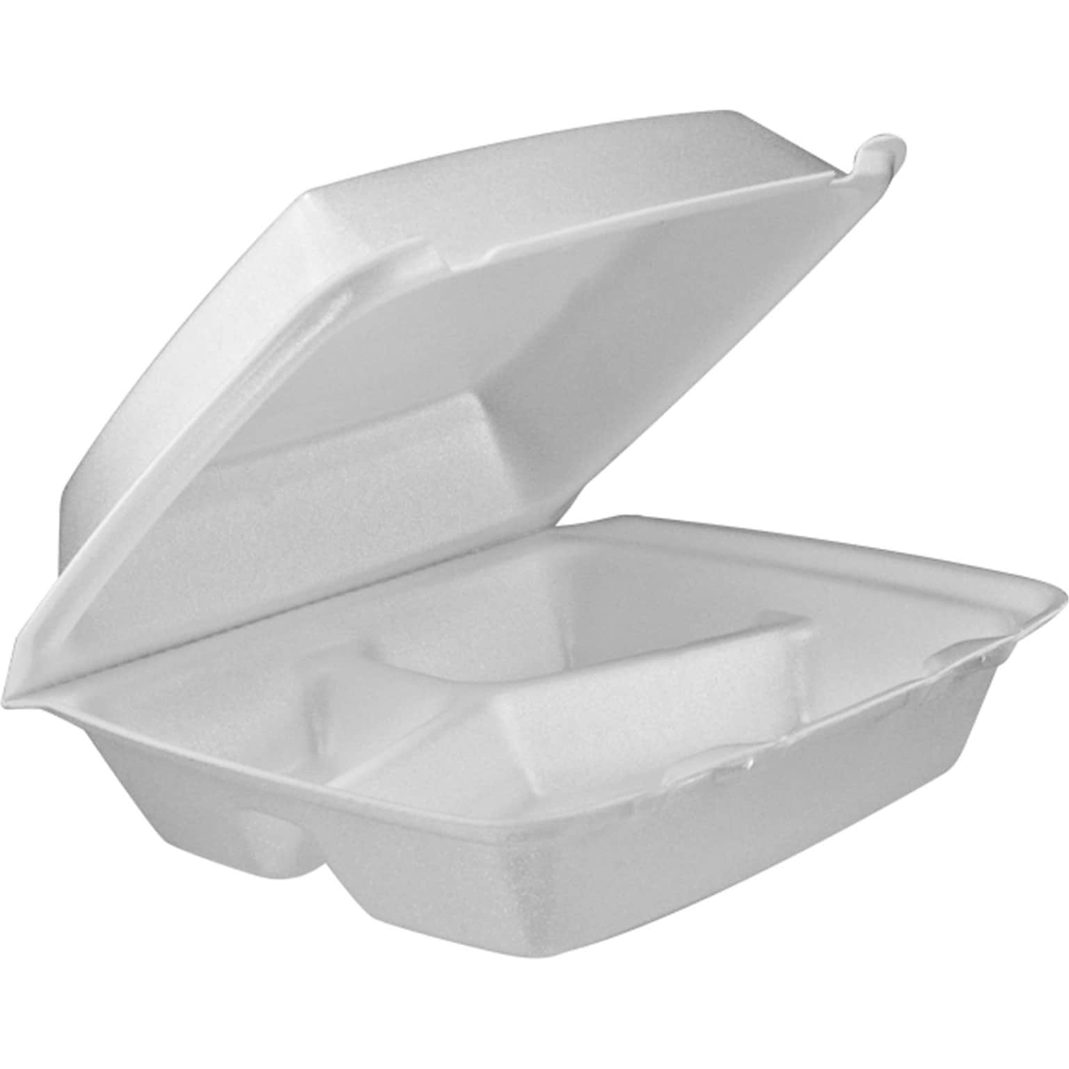 Dart® Square 3-Comp Foam Hinged Carryout Container 8.5”, White, 200/Carton (85HT3R)