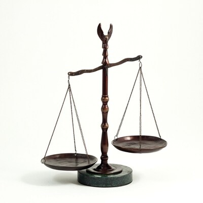 Bey-Berk B180 12 1/2" Scales of Justice Statue With Eagle Finial, Bronze Finished, Green Marble Base