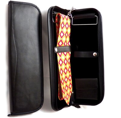 Bey-Berk BB514 Leather Travel Tie Case With Accessory Pocket and Hanging Hook, Black