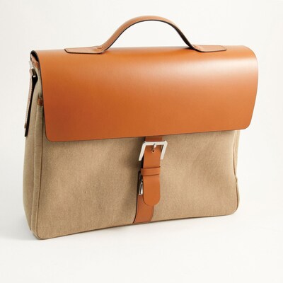 Bey-Berk BB900 Leather and Khaki Fabric Briefcase; Saddle
