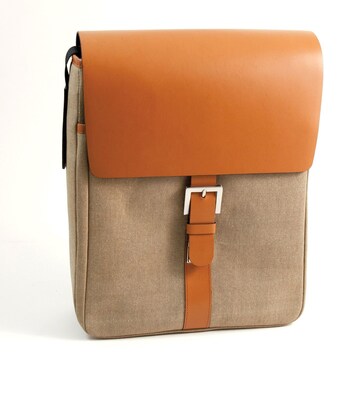 Bey-Berk BB902 Leather and Khaki Fabric Messenger Bag; Saddle
