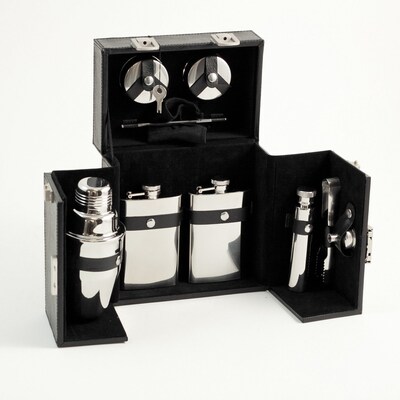 Bey-Berk BS913 Stainless Steel Bar Set With Black Leather Carrying Case With Locking Clasp