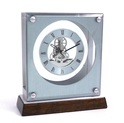 Bey-Berk CM678 Piano Finish Walnut Wood and Stainless Steel Ani Clock With Skeleton Movement