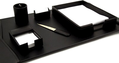 Bey-Berk 6 Piece Leather Desk Set With Gold Plated Accent, Black (D2000)