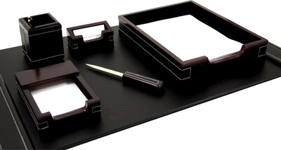 Bey-Berk 6 Piece Leather Desk Set With Gold Plated Accent, Cherry Wood and Black (D2004)