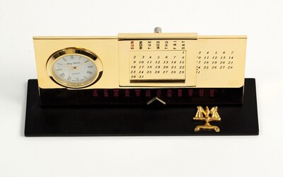 Bey-Berk D232 Gold Plated Black Base Perpetual Calendar and Clock, Legal
