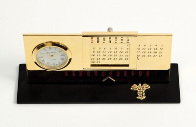 Bey-Berk D232 Gold Plated Black Base Perpetual Calendar and Clock, Medical