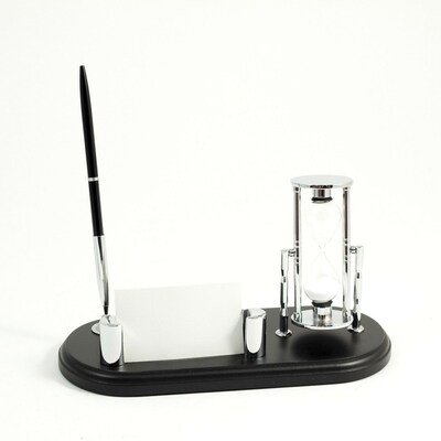 Bey-Berk Wood Based Pen Stand with Three Minute Sand Timer and Card Holder, Black and Silver (D819)