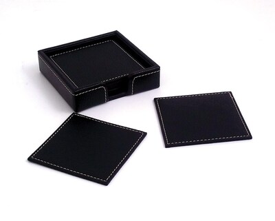 Bey-Berk 6 Piece Black Leather Coaster Set With Holder (D955)