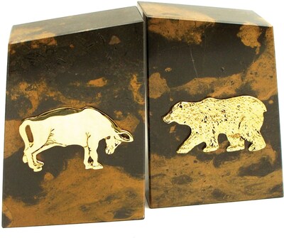 Bey-Berk R11B Stock Market Bookends, Solid Marble, Gold Plated Finish