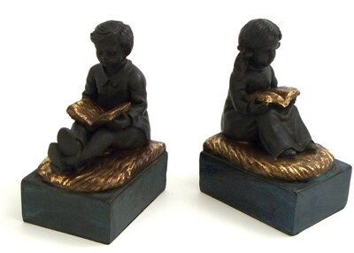 Bey-Berk R11C Reading Boy and Girl Bookends, Solid Brass, Bronze Finish