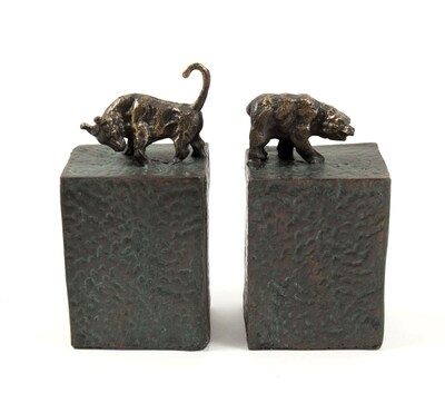 Bey-Berk R11S Bull and Bear Bookends, Cast Metal, Patina Finished