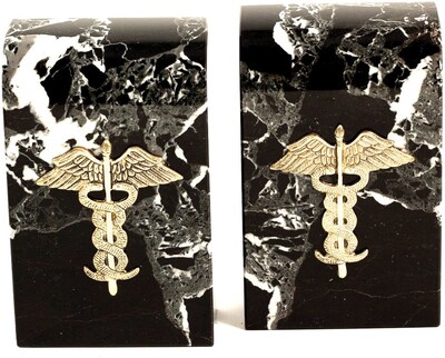 Bey-Berk R15M Medical Bookends, Brass and Marble, Gold Plated Finish