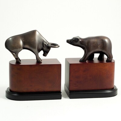 Bey-Berk R18M Wall Street Bookends, Brass and Burl Wood, Bronzed