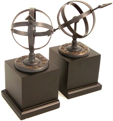 Bey-Berk R18S Sundial Bookends, Cast Metal and Wood Base, Verdigris Finished