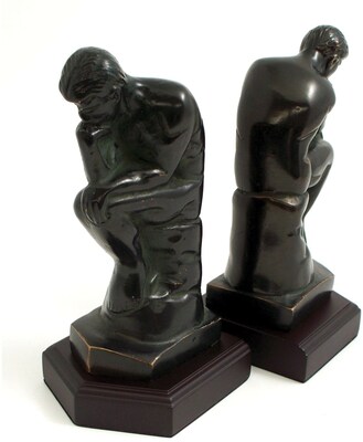 Bey-Berk R18T Thinker Bookends, Brass and Wood Base, Bronzed