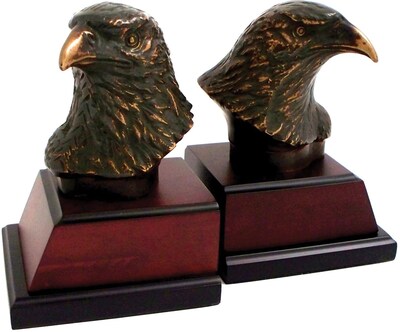 Bey-Berk R18Y Eagle Bookends, Brass and Burl Wood Base, Bronzed/Patina Finished