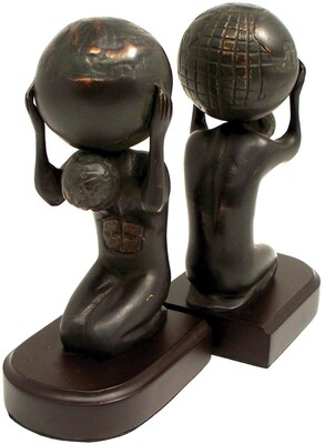 Bey-Berk R19A Atlas With Globe Bookends, Brass and Wood Base, Bronzed