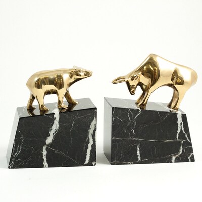 Bey-Berk Wall Street Solid 3 Brass and Marble Base Bookends, Gold (R19B)