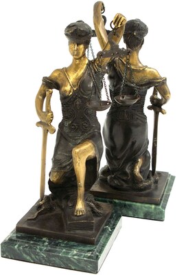 Bey-Berk R19J Kneeling Lady Justice Bookends, Brass and Green Marble Base, Multi-Colored Bronze