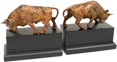Bey-Berk R19K Double Bull Bookends, Brass and Wood Base, Bronzed