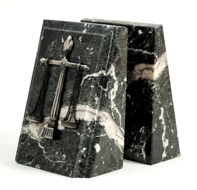 Bey-Berk R19L Fancy Beveled Legal Scale Bookends, Black Zebra Marble, Silver and Mirror Finish