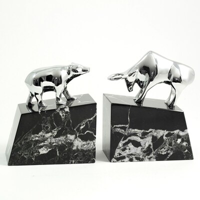 Bey-Berk Bull and Bear 3 Brass Chrome Plated and Marble Bookends, Black (R19X)