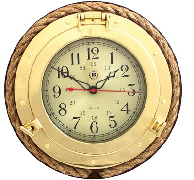 Bey-Berk SQ501 Brass/Solid Wood Porthole Clock With Rope