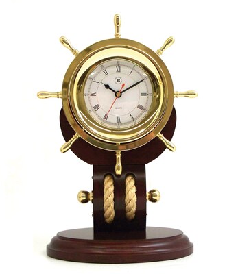 Bey-Berk SQ521T Brass/Teak Wood Base Ships Wheel Clock With Rope