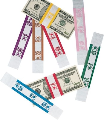 PM Company Self-Adhesive White/Brown Currency Bands, $5,000 Value, 1,000/Pk