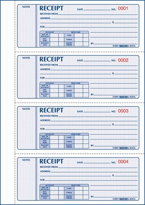 Money Receipt Forms, Carbonless, 3 Part, Hard Cover, 2-3/4" x 7", 200 Sets/Book (RED8L818)