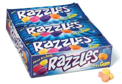 Razzles Assorted Fruit Gum, 1.4 oz., 24/Box (209-00142)