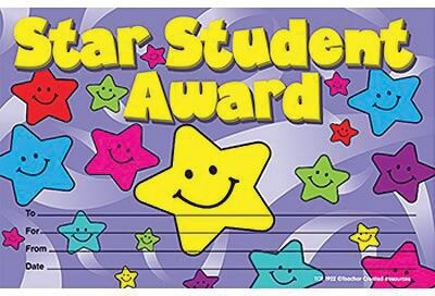 Star Student Award, 8-1/2 x 5-1/2, 25/pkg