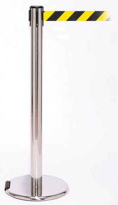 RollerPro 250 Stainless Steel Rolling Stanchion Barrier Post with Retractable 11 Black/Yellow Belt