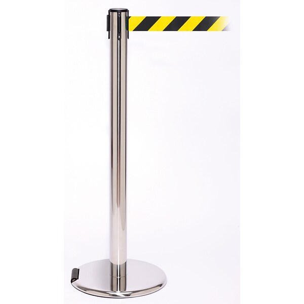 RollerPro 250 Stainless Steel Rolling Stanchion Barrier Post with Retractable 11 Black/Yellow Belt