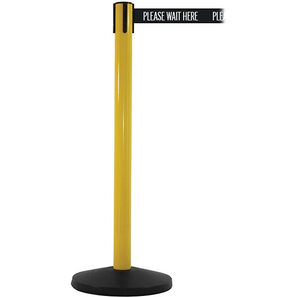 SafetyMaster 450 Yellow Stanchion Barrier Post with Retractable 8.5 Black/White PL WAIT HERE Belt