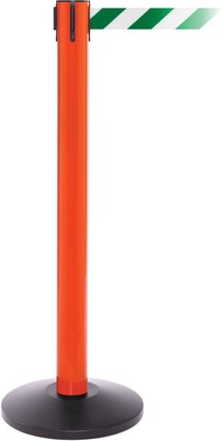 SafetyPro 300 Orange Stanchion Barrier Post with Retractable 16 Green/White Belt