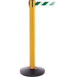 SafetyPro 300 Yellow Stanchion Barrier Post with Retractable 16 Green/White Belt