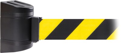 WallPro 450 Black Wall Mount Belt Barrier with 30 Yellow/Black Belt