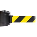 WallPro 450 Black Wall Mount Belt Barrier with 20 Yellow/Black Belt