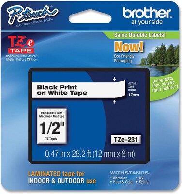 Brother P-touch TZe-231 Laminated Label Maker Tape, 1/2 x 26-2/10, Black On White (TZe-231), White/Black | Quill